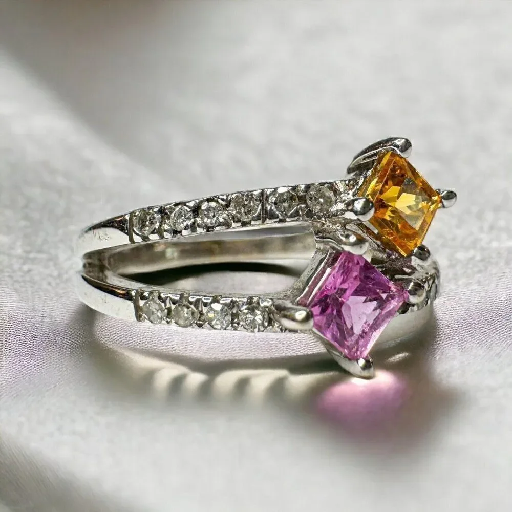 14k White Gold Natural Pink & Orange Sapphire Diamond Ring -Size 5 -3g